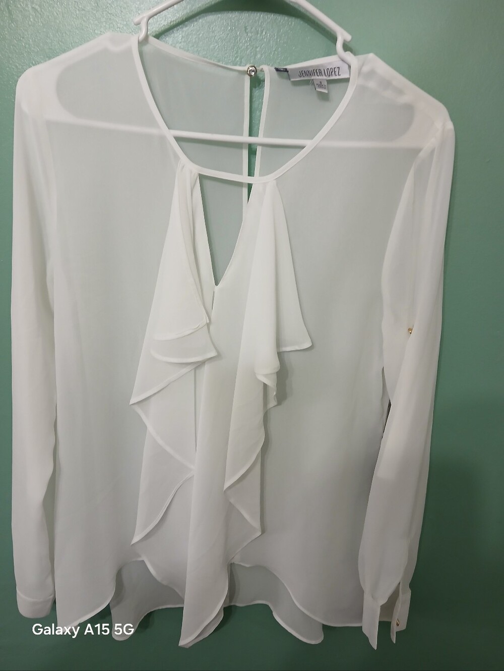Jennifer Lopez White Ruffle Front Long-Sleeve Blouse